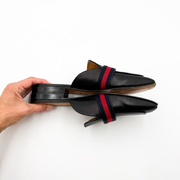 Gucci GG Web Stripe Peyton Mules Flat Slides Black Leather Loafers - Picture 8 of 11